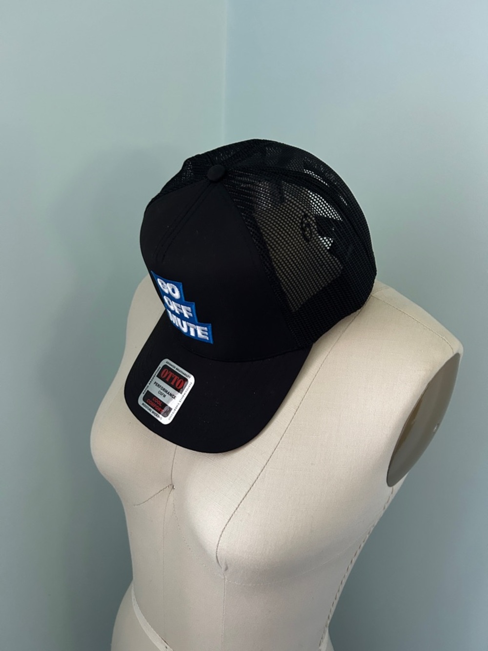 NWT OTTO black mesh cap with Go Off Mute embroidered one size